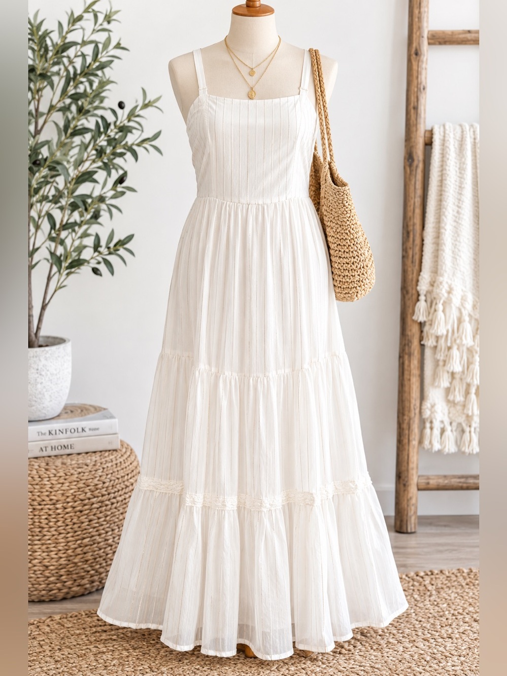 Torrid White Gold Stripe Tiered Chiffon Maxi Dress Size 0 NWT